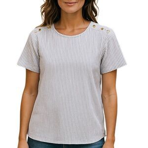 J. Crew Factory Short Sleeve Blouse Gold Button Detail NWT Pinstripe SZ Large